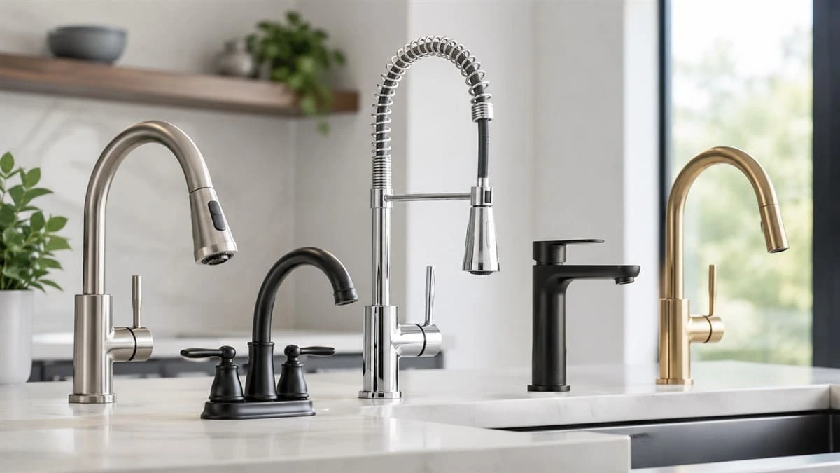 Complete Faucet Buying Guide featuring modern kitchen and bathroom faucet styles in chrome, brushed nickel, matte black, and brass.