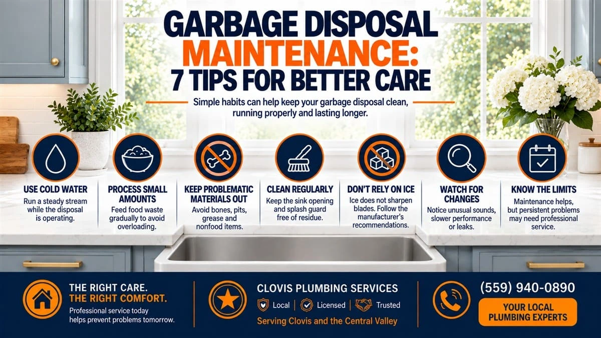 Garbage disposal maintenance infographic showing 7 tips for better care