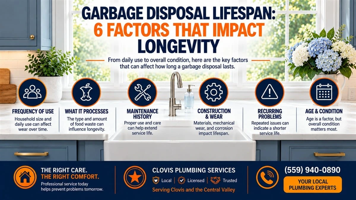 Garbage disposal lifespan infographic showing 6 factors that impact longevity