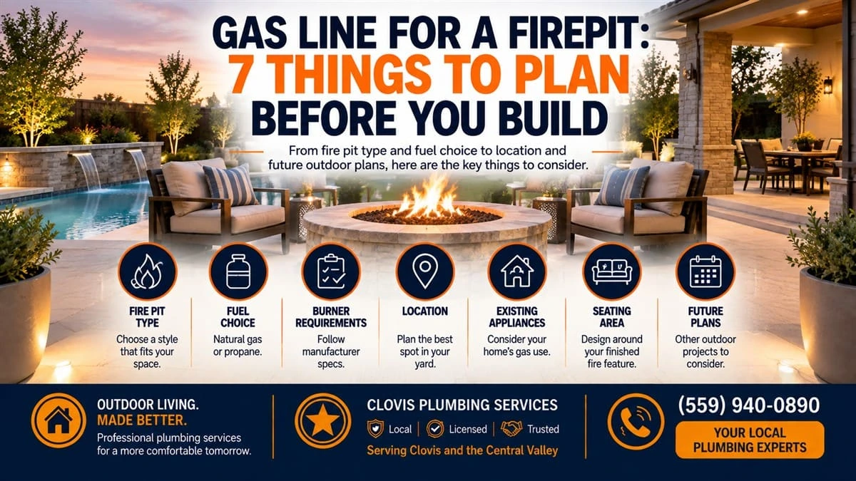 Gas line for a firepit infographic showing 7 things to plan before you build