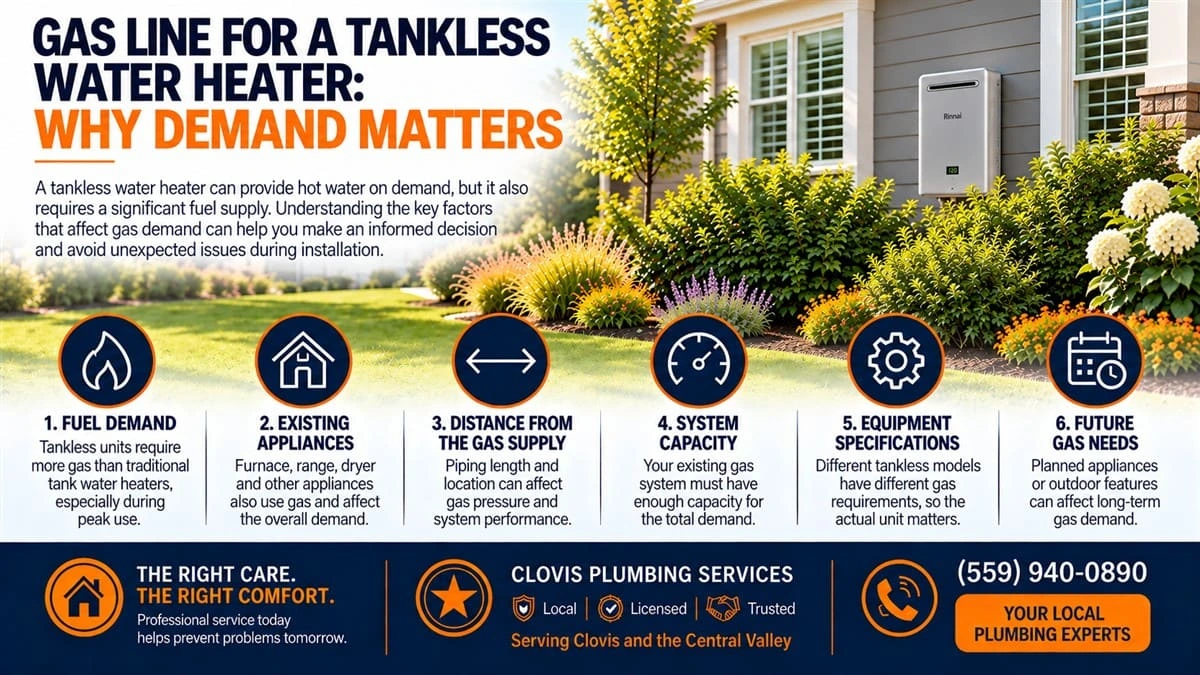 Gas line for a tankless water heater infographic explaining why gas demand matters