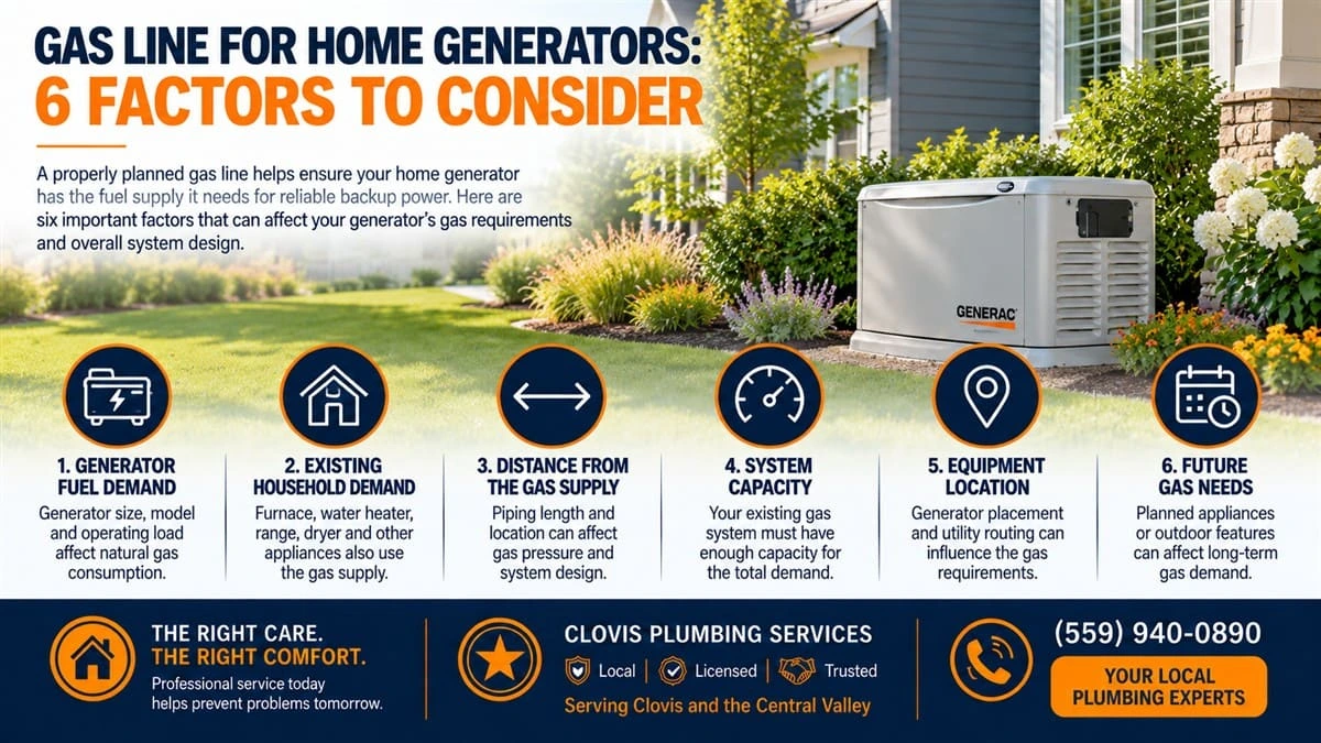 Gas line for home generators infographic showing 6 factors to consider