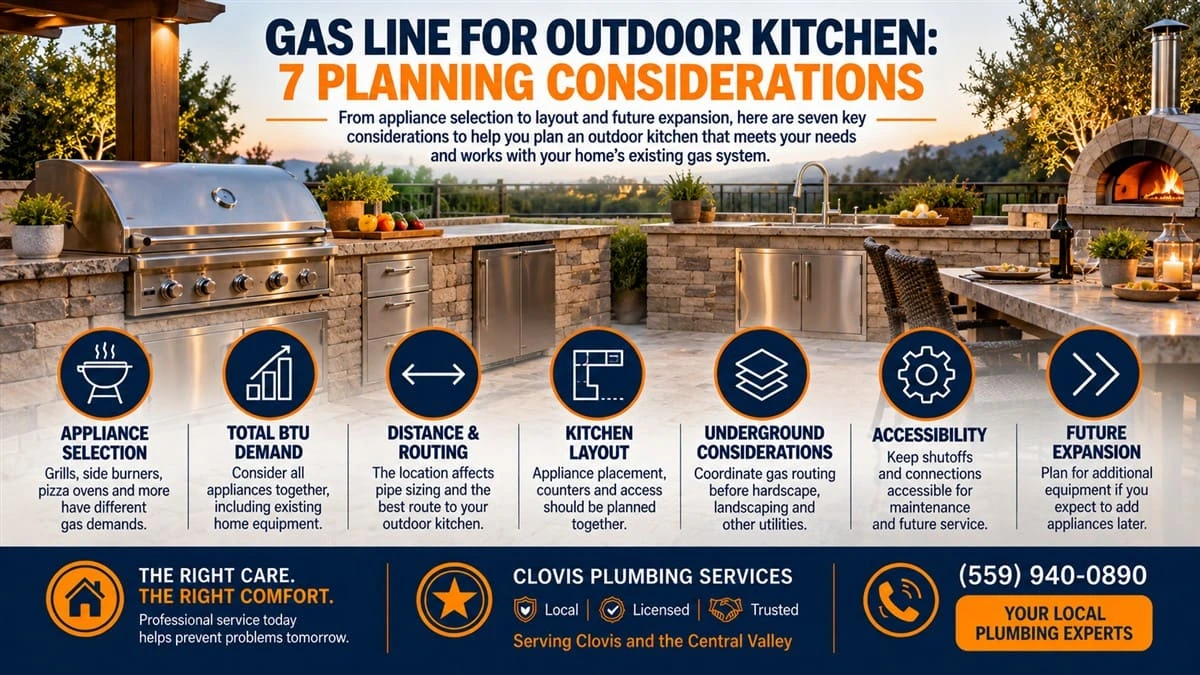 Gas line for outdoor kitchen infographic showing 7 planning considerations