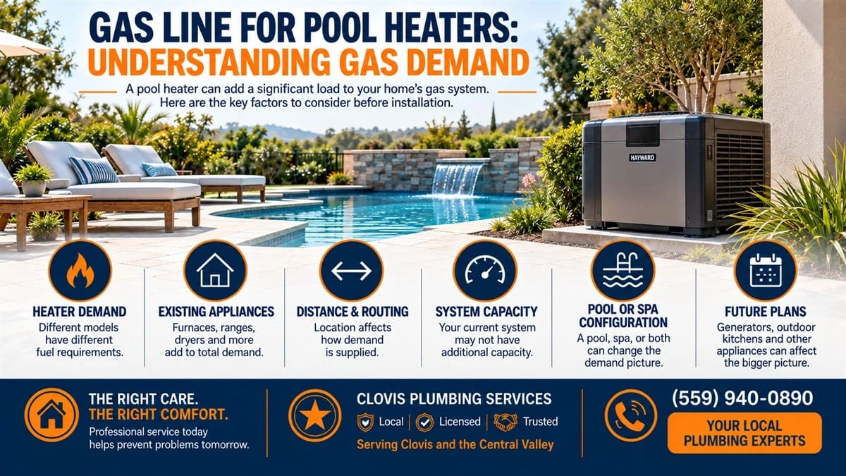 Gas line for pool heaters infographic explaining 7 gas demand considerations