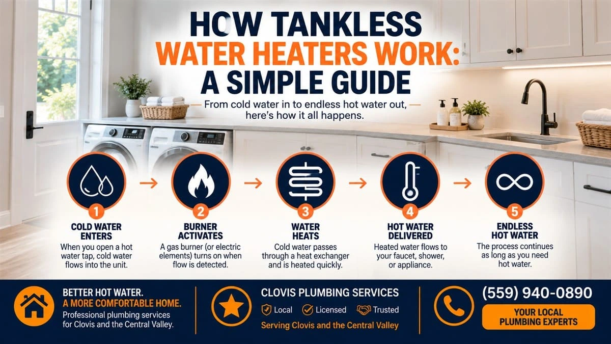How tankless water heaters work infographic showing five steps from cold water entering to continuous hot water