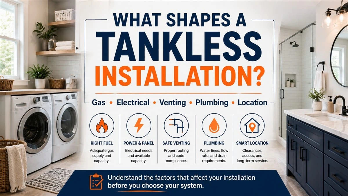 Tankless installation scope infographic showing gas, electrical, venting, plumbing, and location factors
