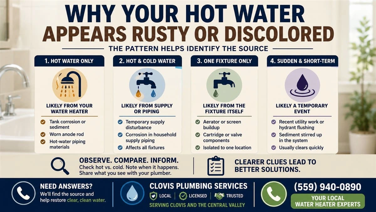 Why hot water appears rusty or discolored infographic showing common sources