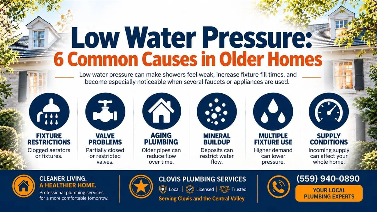 Low water pressure infographic showing 6 common causes in older homes