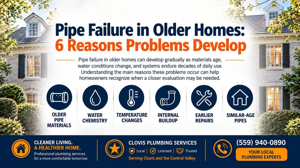Pipe failure in older homes infographic showing 6 reasons plumbing problems develop