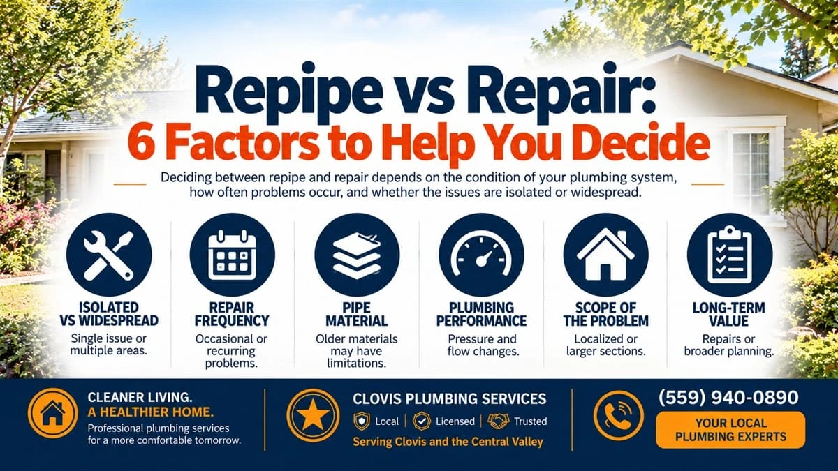 Repipe vs repair infographic showing 6 factors to help homeowners decide