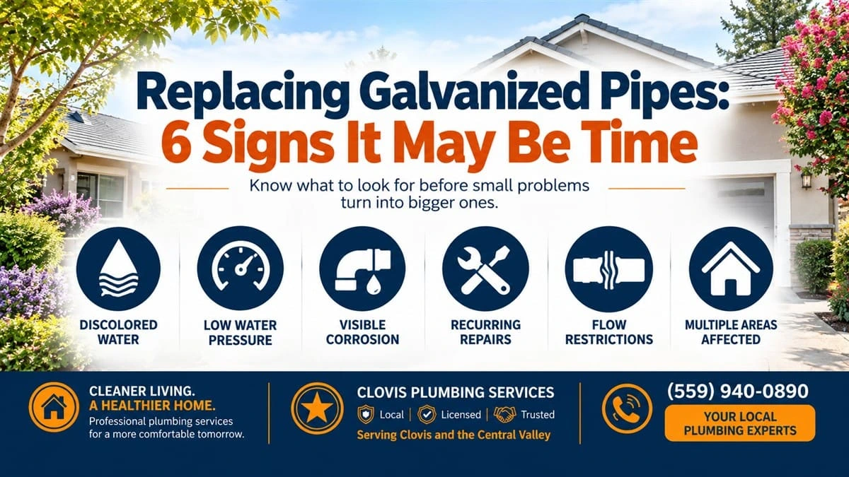 Replacing galvanized pipes infographic showing 6 signs it may be time
