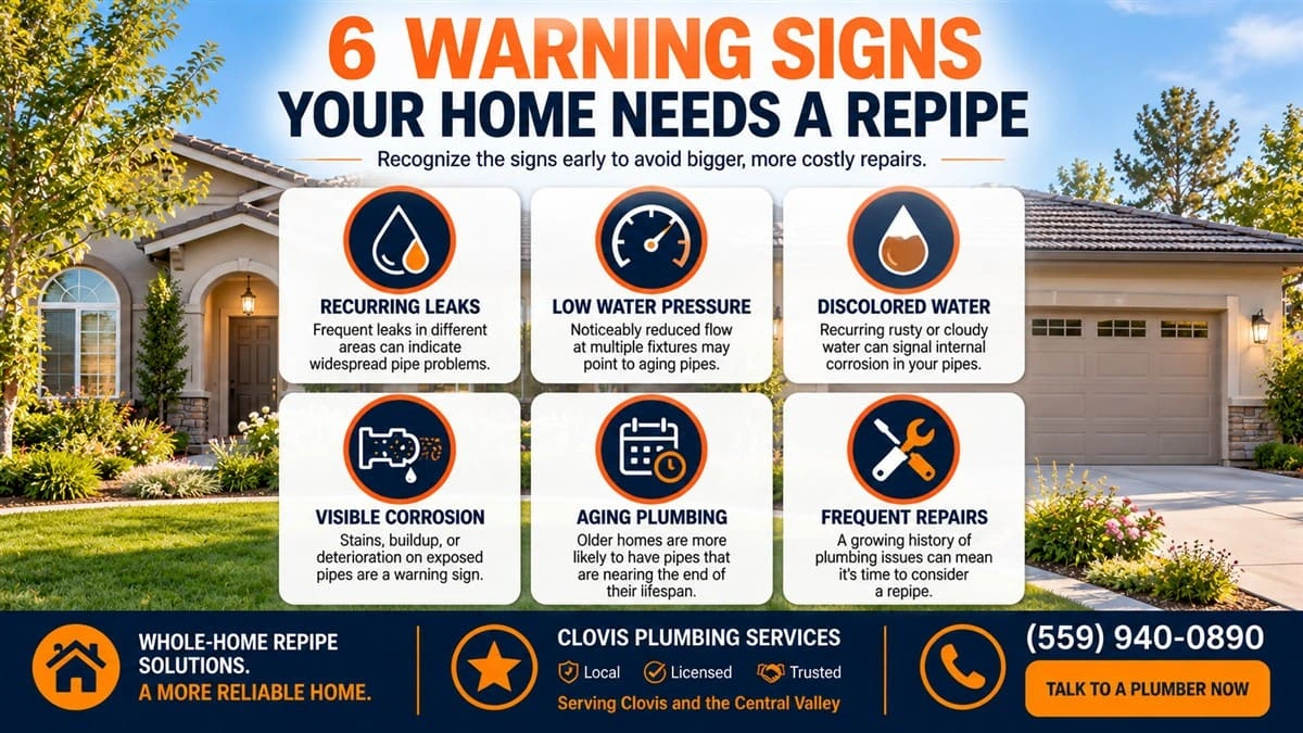 6 warning signs your home needs a repipe infographic showing common plumbing warning signs