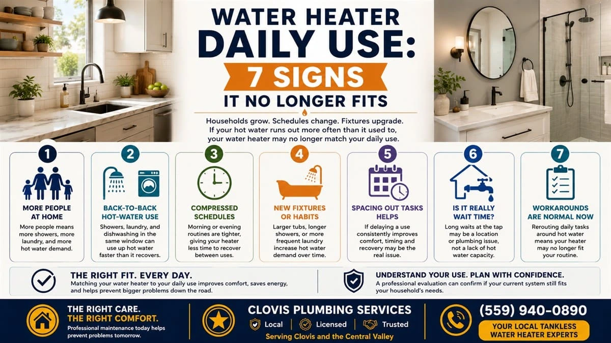 Water heater daily use infographic showing 7 signs it no longer fits