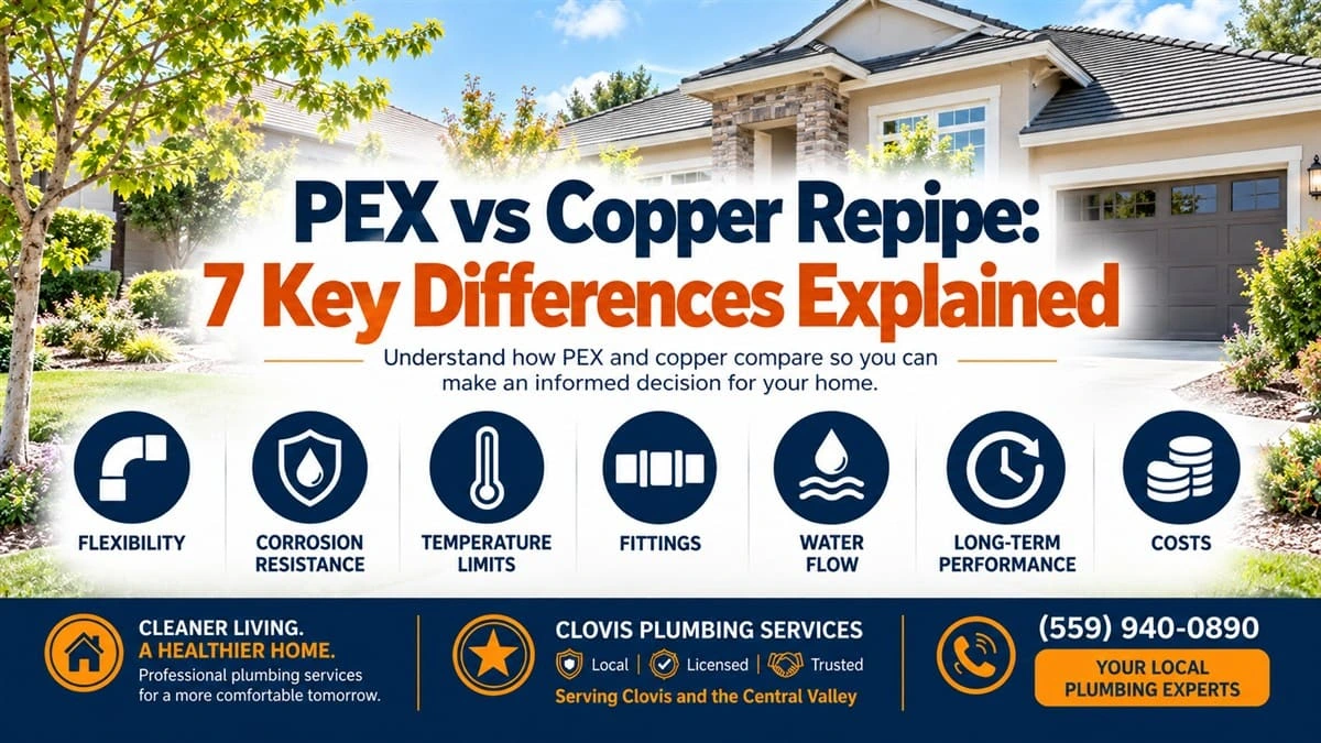 PEX vs copper repipe infographic comparing 7 key differences in residential plumbing materials